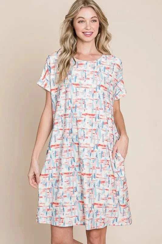 BOMBOM Printed Round Neck Short Sleeve Tee Dress - Trendsi - Flyclothing LLC