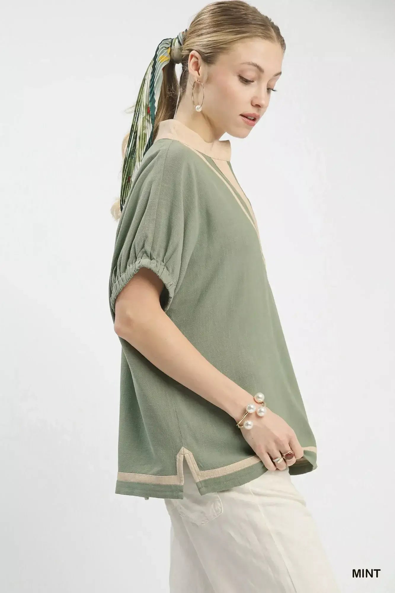 Umgee Linen Contrast Trim V-Neck Blouse - Trendsi - Flyclothing LLC