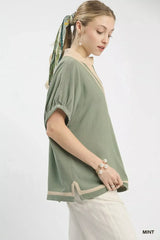 Umgee Linen Contrast Trim V-Neck Blouse - Trendsi - Flyclothing LLC