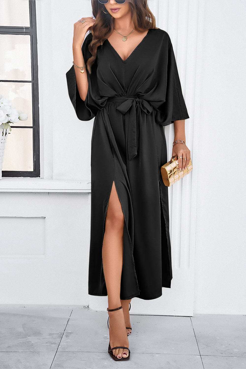 Slit Tied V-Neck Three-Quarter Sleeve Dress - Trendsi - Flyclothing LLC
