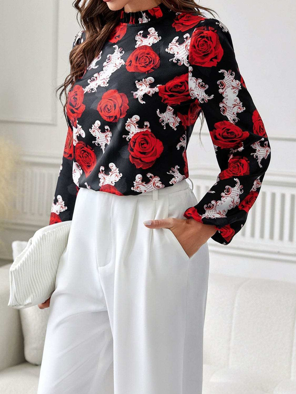 Frill Floral Mock Neck Long Sleeve Top - Trendsi - Flyclothing LLC