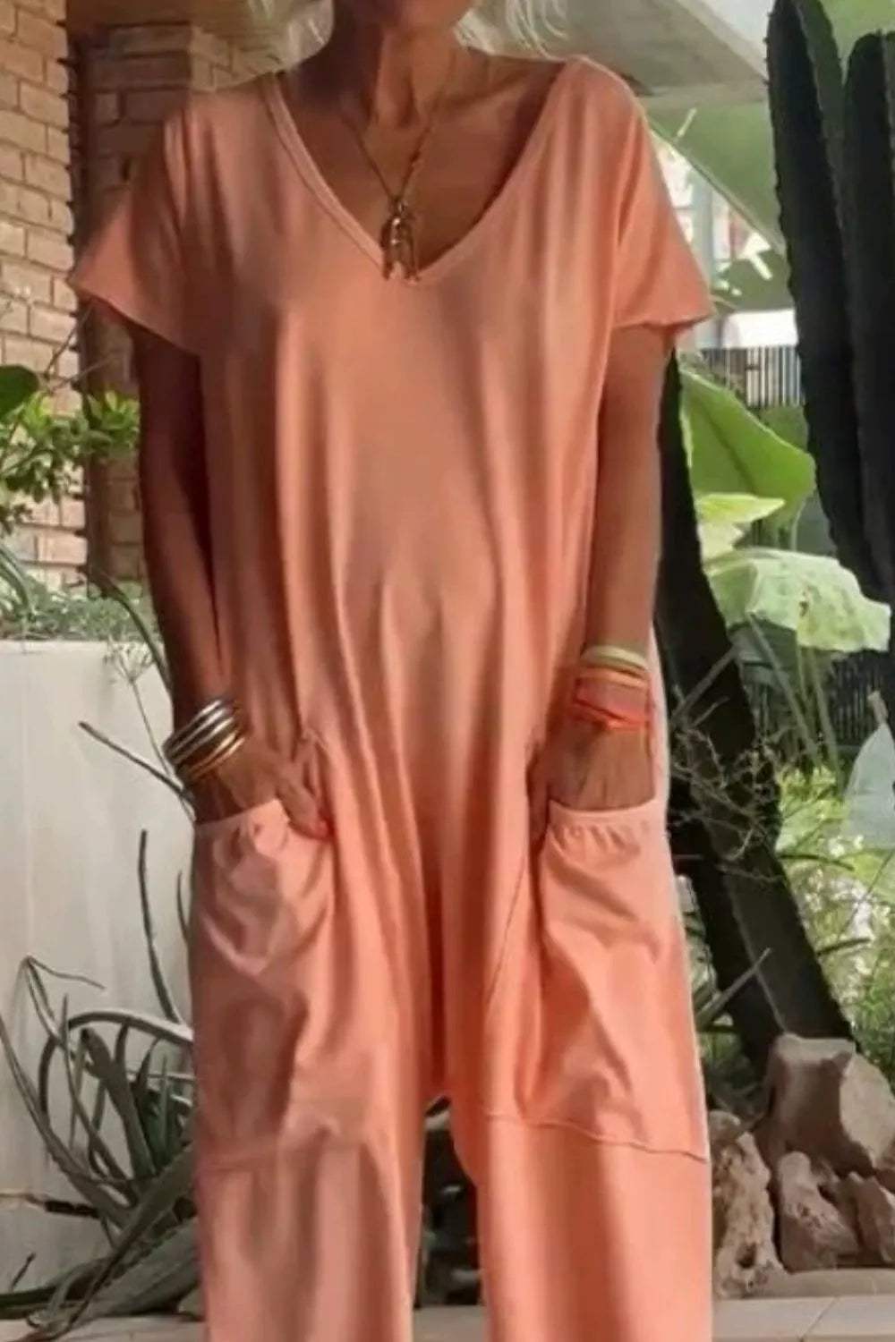 Full Size Casual V-Neck Short Sleeve Jumpsuit with Pockets Plus Size - Trendsi - Flyclothing LLC