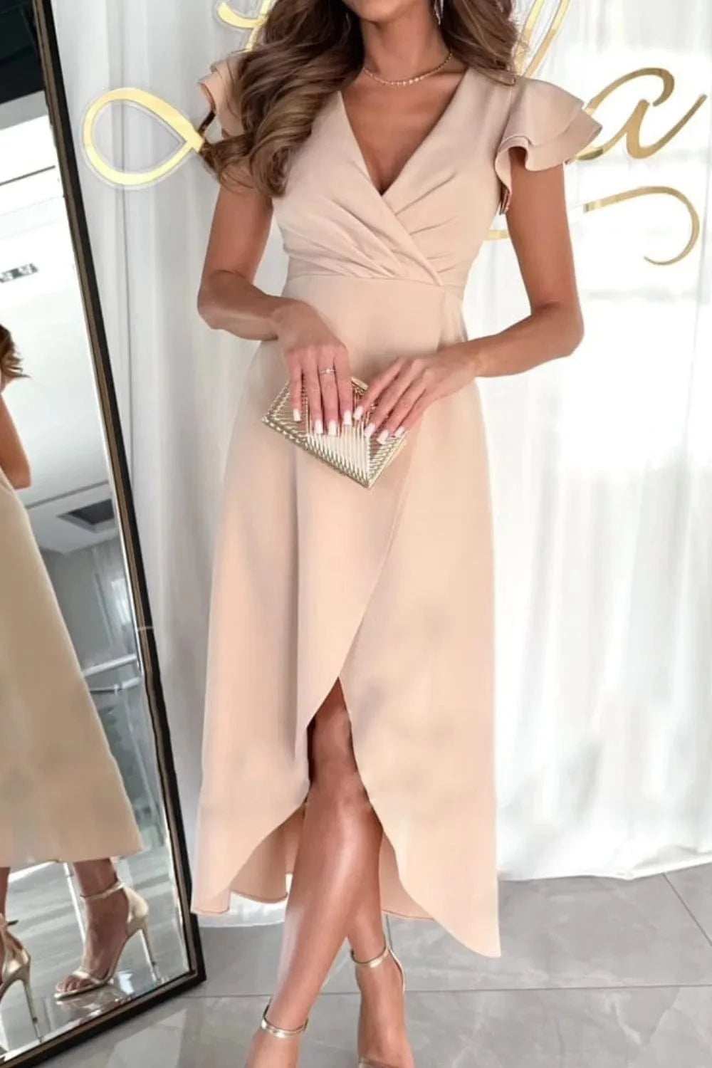 Surplice Ruffled Cap Sleeve Zip Back Dress - Trendsi - Flyclothing LLC