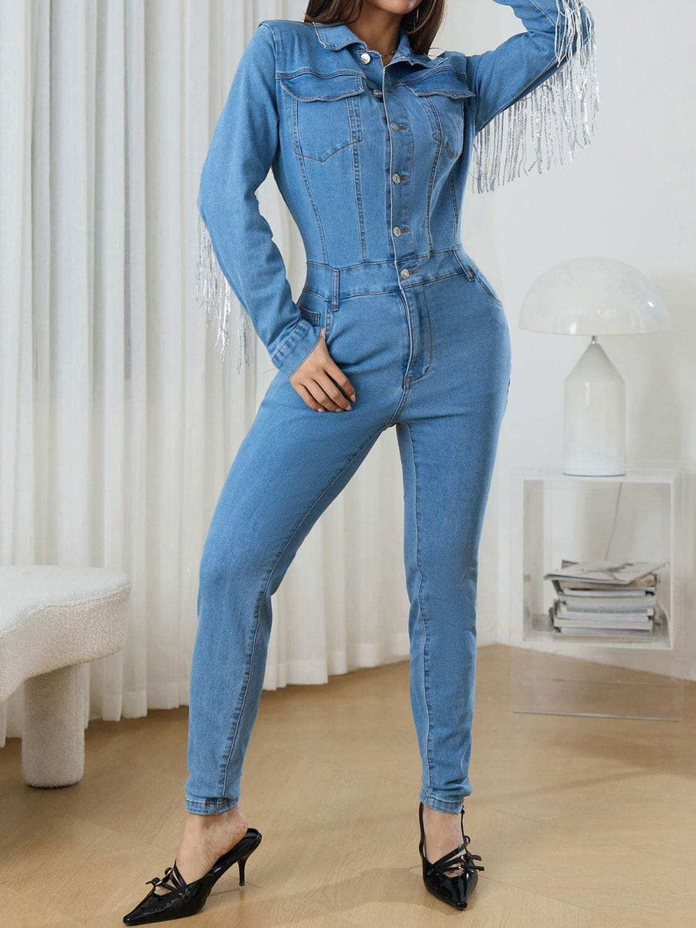 Fringe Half Button Long Sleeve Denim Jumpsuit - Trendsi - Flyclothing LLC