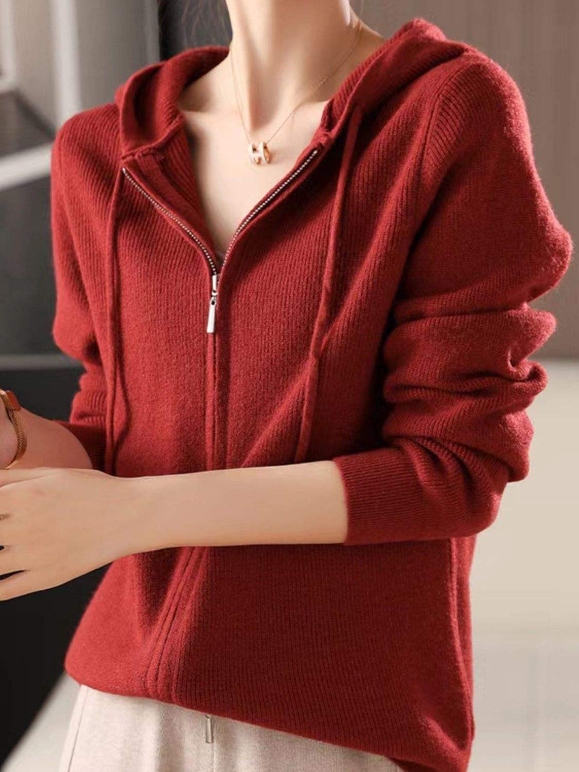Drawstring Zip Up Long Sleeve Hooded Sweater - Trendsi - Flyclothing LLC