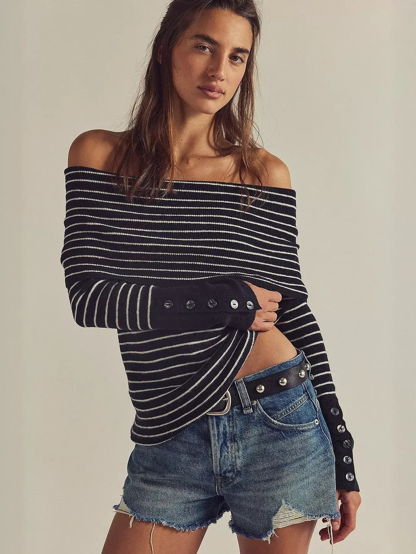 Striped Off-Shoulder Long Sleeve Knit Top - Trendsi - Flyclothing LLC