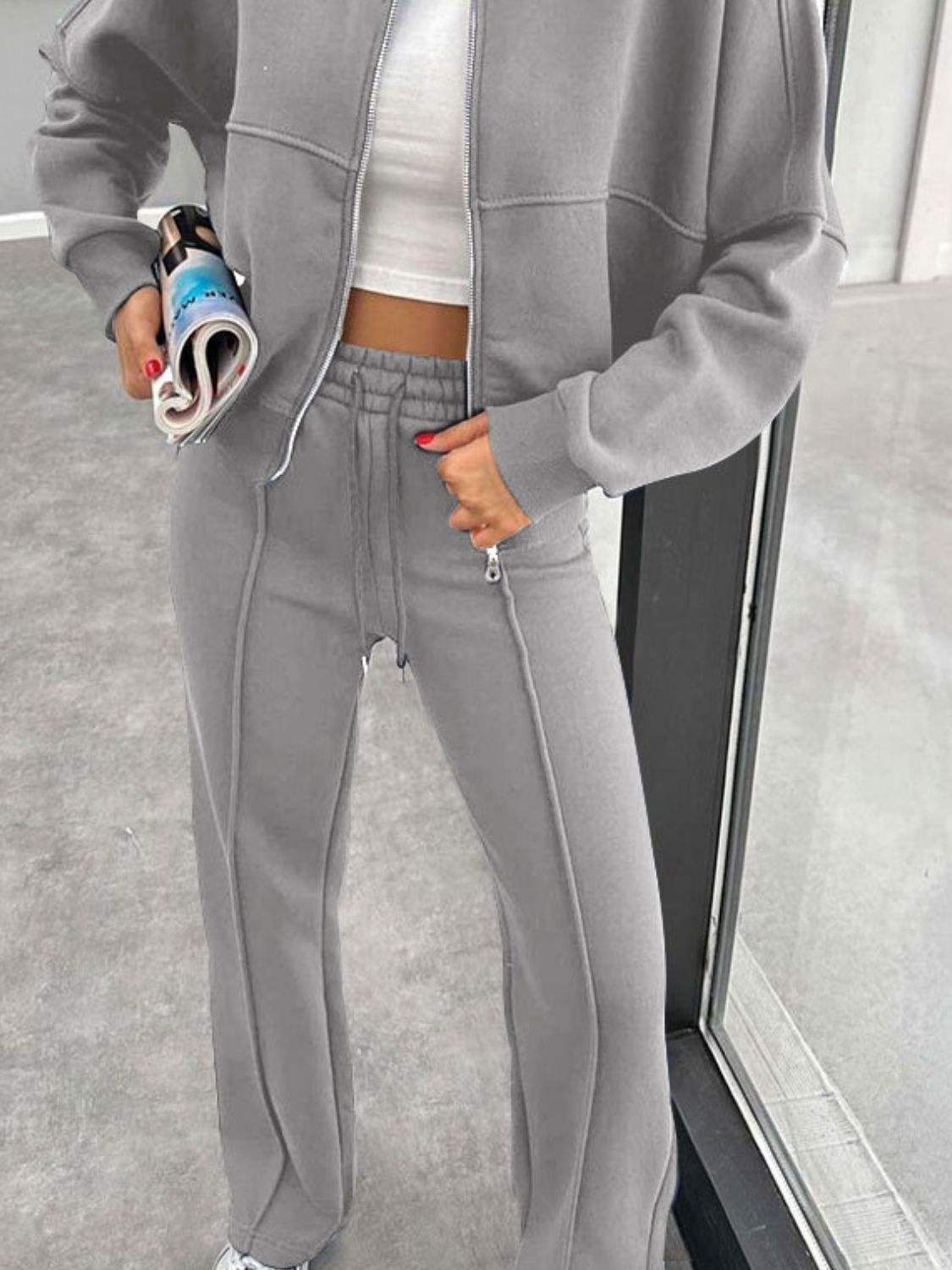 Baseball Collar Zip Up Outerwear and Drawstring Pants Set - Trendsi - Flyclothing LLC