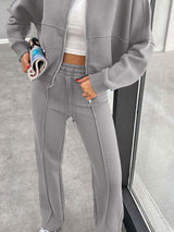 Baseball Collar Zip Up Outerwear and Drawstring Pants Set - Trendsi - Flyclothing LLC