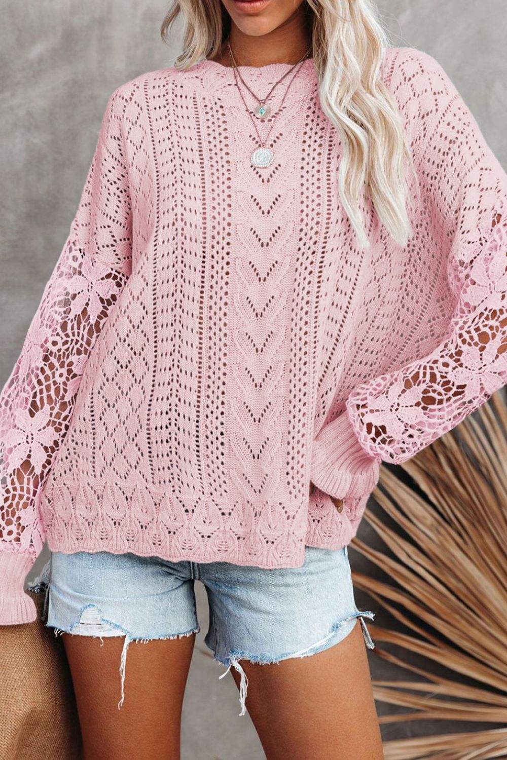 Openwork Round Neck Long Sleeve Sweater - Trendsi - Flyclothing LLC
