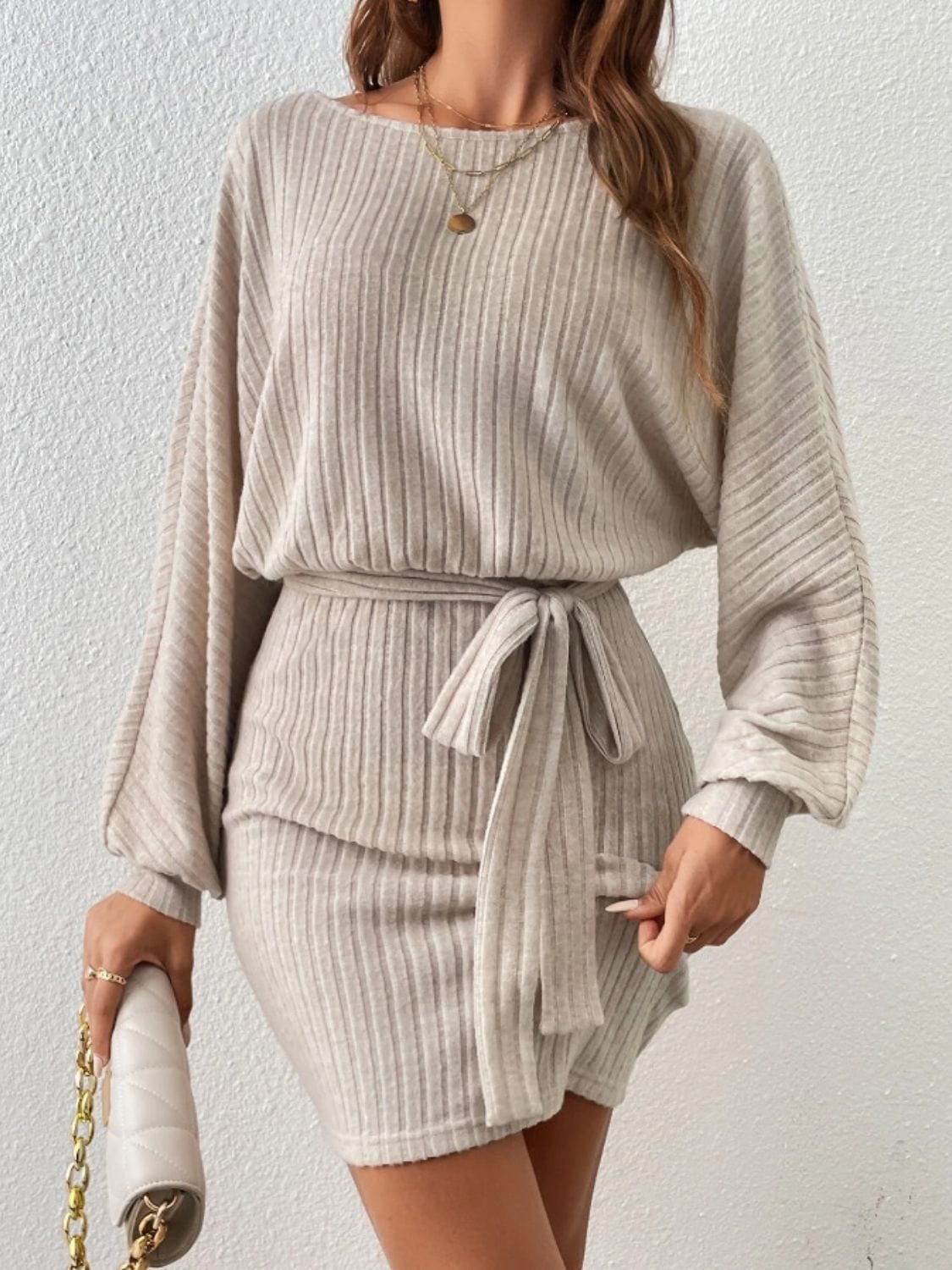 Round Neck Tie Waist Long Sleeve Mini Dress - Trendsi