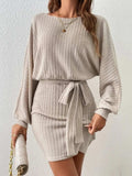 Round Neck Tie Waist Long Sleeve Mini Dress - Trendsi - Flyclothing LLC