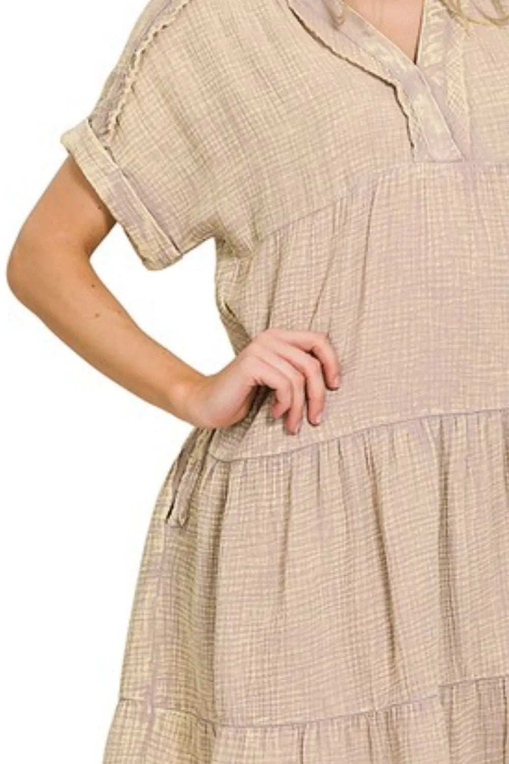 Zenana Washed Double Gauze Raw Edge Notched Dress - Trendsi - Flyclothing LLC