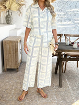 Devine Printed Collared Neck Half Sleeve Top and Pants Set - Trendsi - Flyclothing LLC