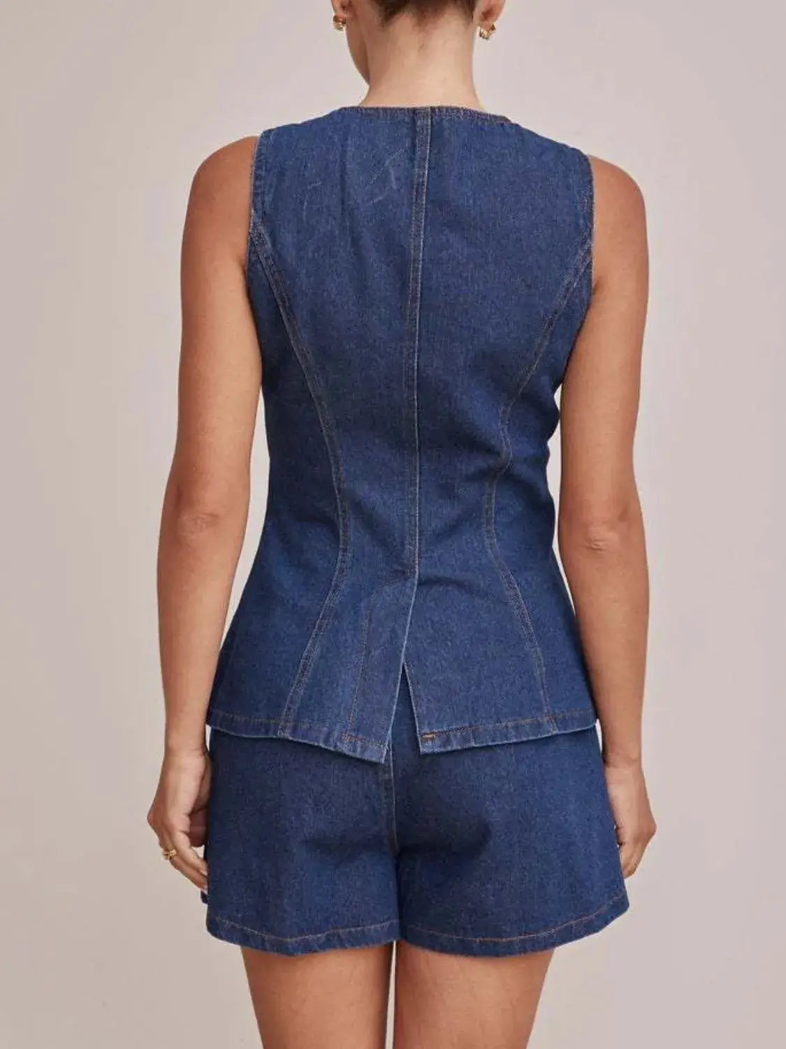 Button Down Vest and Shorts Denim Set - Trendsi - Flyclothing LLC