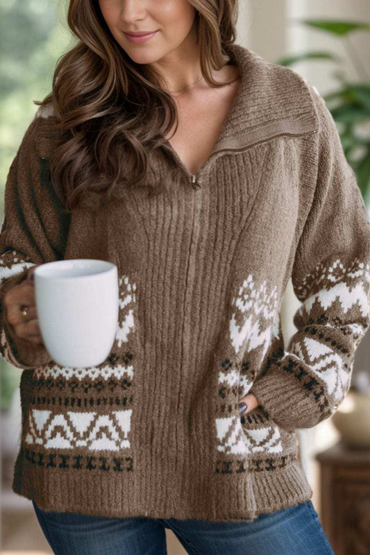 Zip Up Long Sleeve Geometric Cardigan - Trendsi - Flyclothing LLC