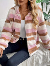 Drawstring Striped Zip Up Hooded Jacket - Trendsi - Flyclothing LLC