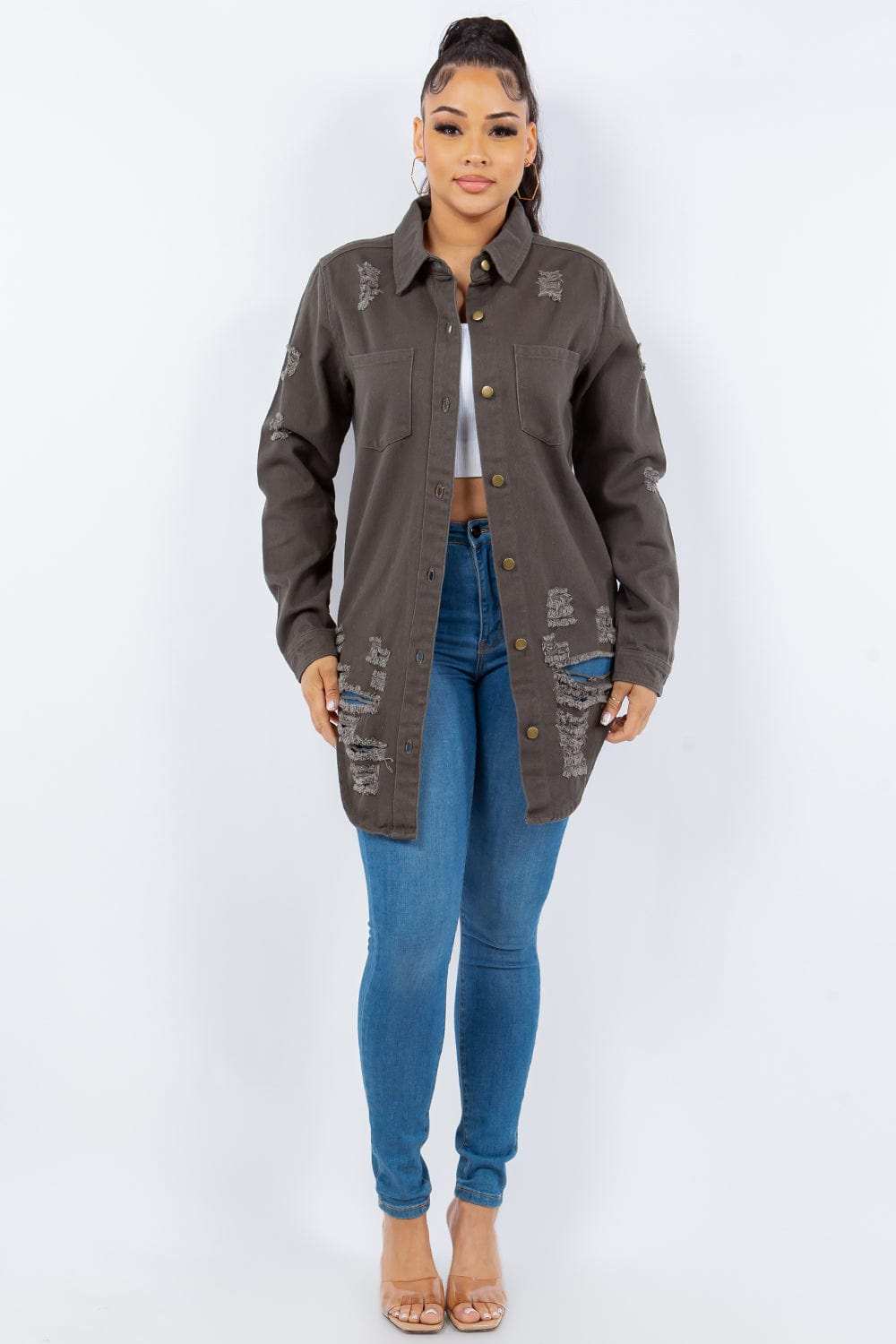 American Bazi Distressed Button Up Long Sleeve Denim Jacket - Trendsi - Flyclothing LLC