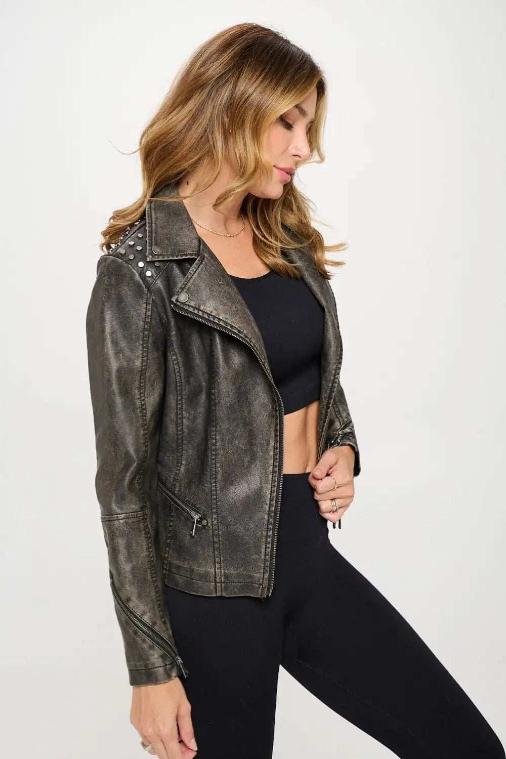 Coalition LA Studded Classic Moto Faux Leather Jacket - Trendsi - Flyclothing LLC