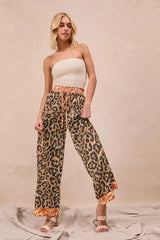BiBi Leopard Print With Contrast Banded Wide Pants - Trendsi - Flyclothing LLC