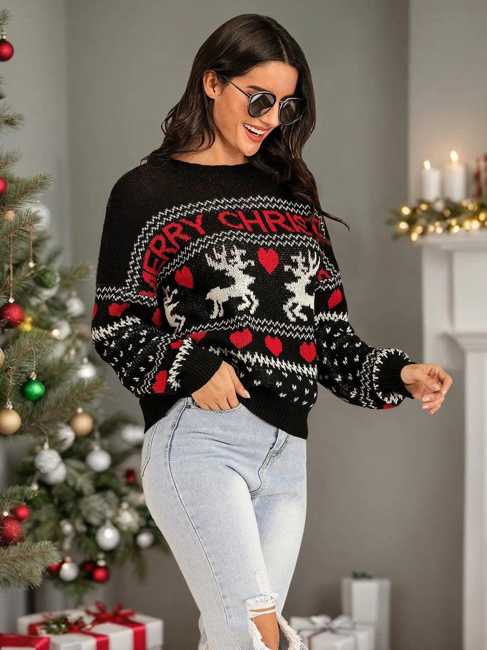 Perfee Christmas Element Round Neck Sweater - Trendsi