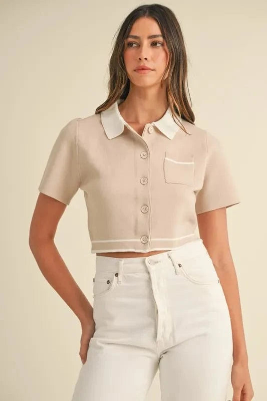 MABLE Button Down Contrast Collared Knit Cardigan - Trendsi