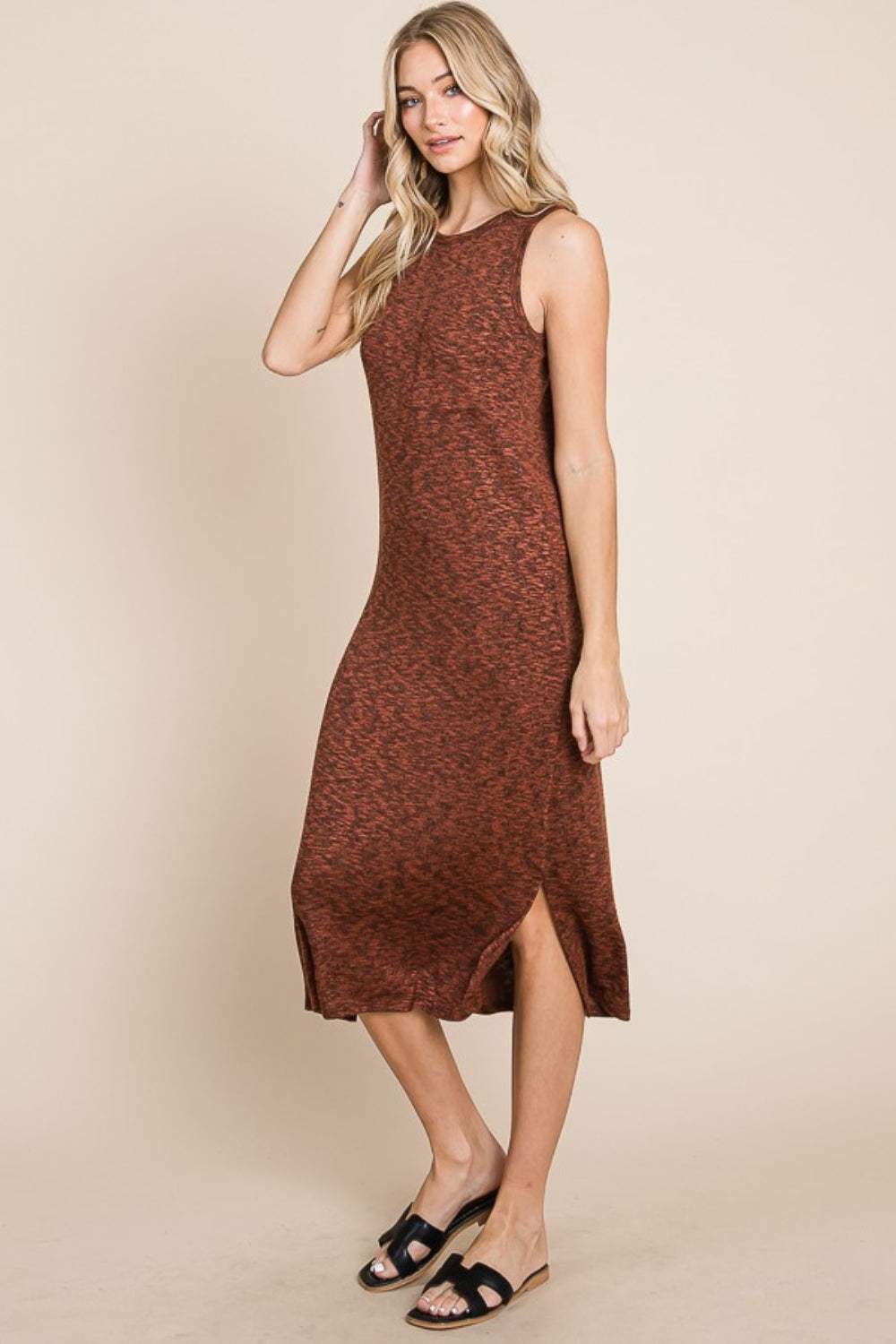 BOMBOM Slit Round Neck Sleeveless Midi Dress - Trendsi - Flyclothing LLC