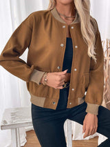 Perfee Baseball Collar Snap Down Long Sleeve Jacket - Trendsi - Flyclothing LLC