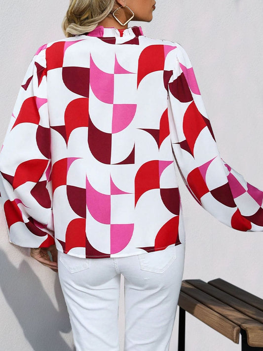 Frill Notched Long Sleeve Blouse - Trendsi