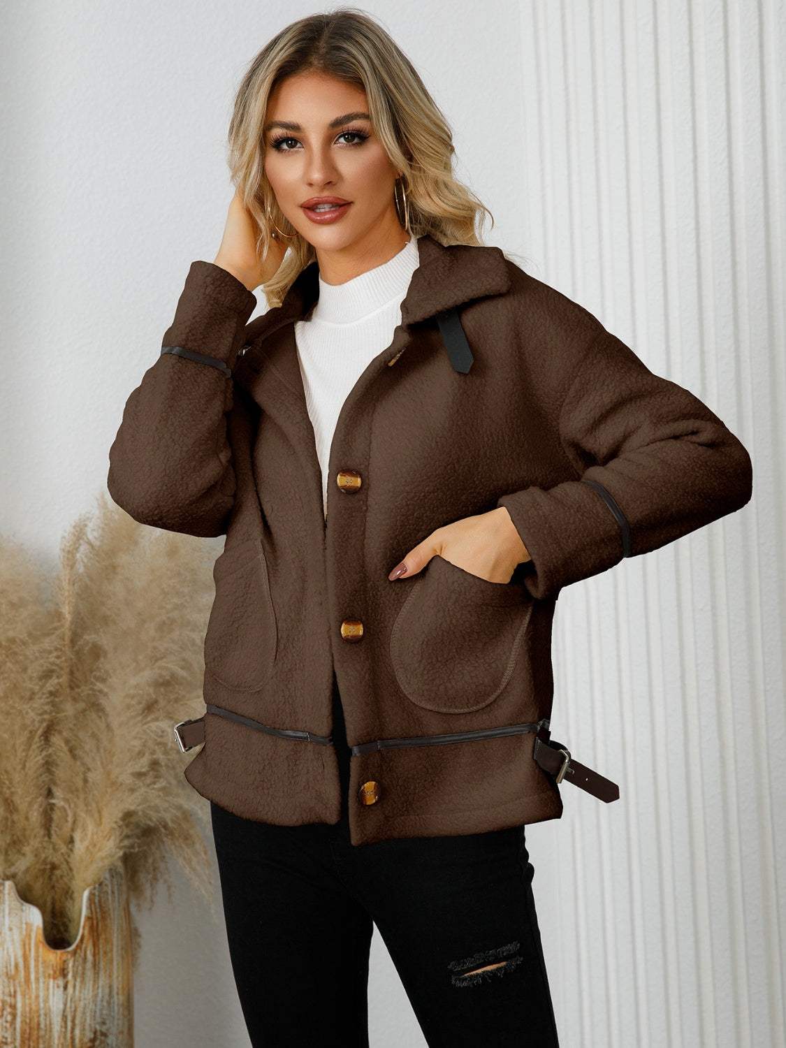 Pocketed Button Down Collared Neck Jacket - Trendsi - Flyclothing LLC