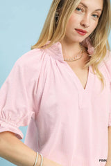 Umgee Textured Ruffle Sleeve V-Neck Top - Trendsi - Flyclothing LLC