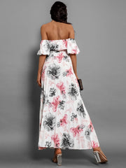 Pleated Floral Off-Shoulder Short Sleeve Midi Dress - Trendsi