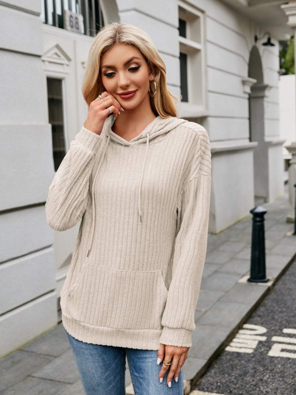 Ribbed Drawstring Long Sleeve Hoodie - Trendsi - Flyclothing LLC