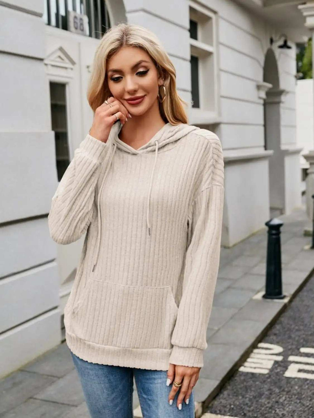 Ribbed Drawstring Long Sleeve Hoodie - Trendsi - Flyclothing LLC