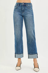 RISEN Full Size 4 Way Stretch Slouchy Straight Jeans with Cuffed Hem Plus Size - Trendsi - Flyclothing LLC