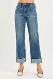 RISEN Full Size 4 Way Stretch Slouchy Straight Jeans with Cuffed Hem Plus Size - Trendsi - Flyclothing LLC