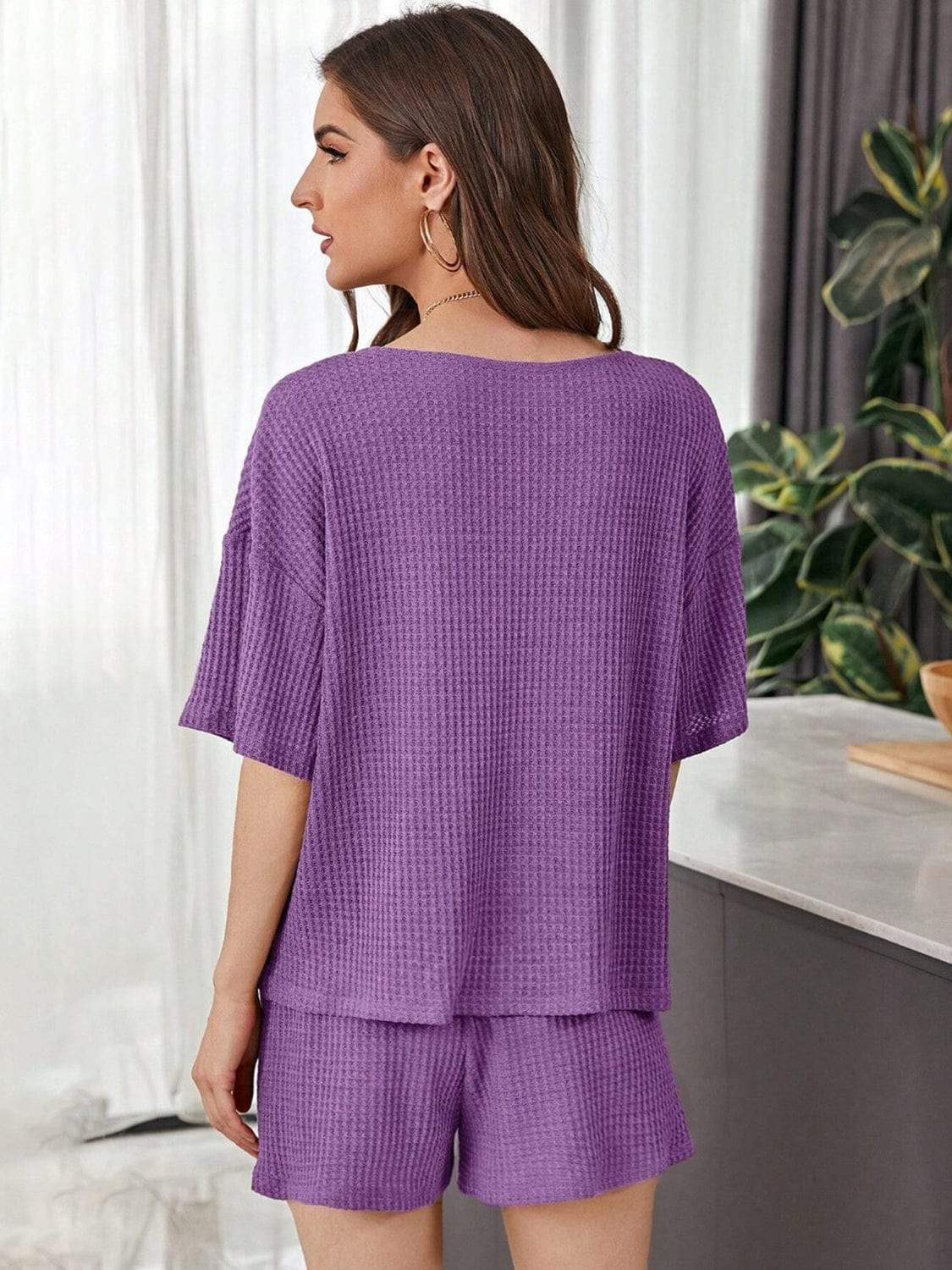 Full Size Waffle-Knit Dropped Shoulder Top and Shorts Set - Trendsi - Flyclothing LLC
