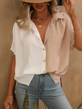 Contrast Collared Neck Short Sleeve Shirt - Trendsi - Flyclothing LLC