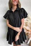 Button Down Puff Sleeve Ruffle Hem Dress - Trendsi - Flyclothing LLC