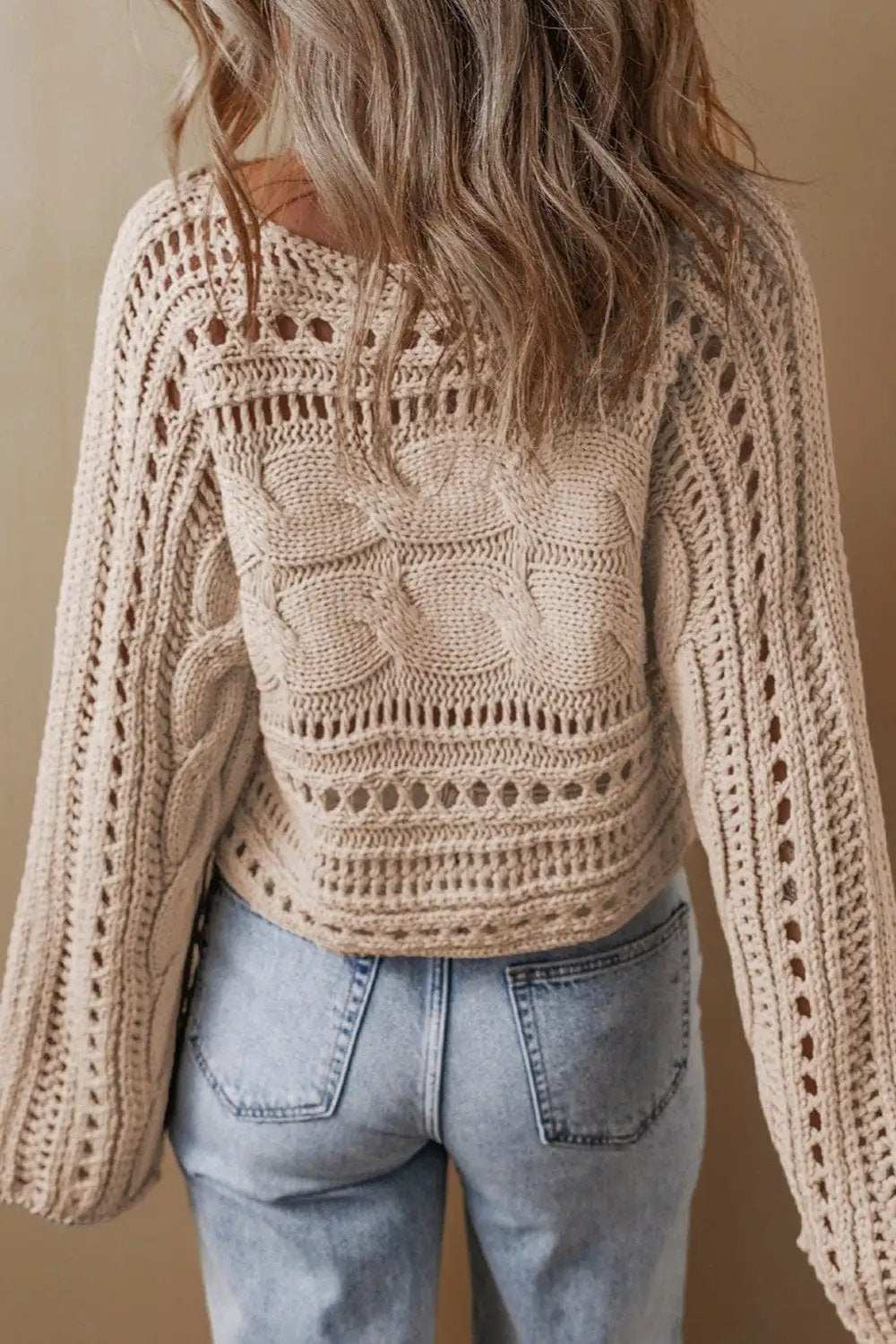 Cable-Knit Openwork Long Sleeve Sweater - Trendsi - Flyclothing LLC