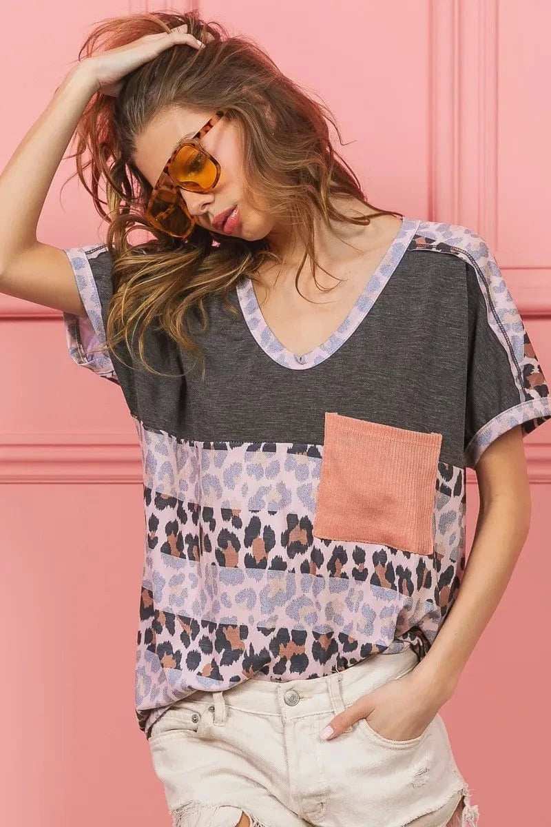 BiBi Leopard Stripe with Slub Terry Color Block T-Shirt - Trendsi - Flyclothing LLC