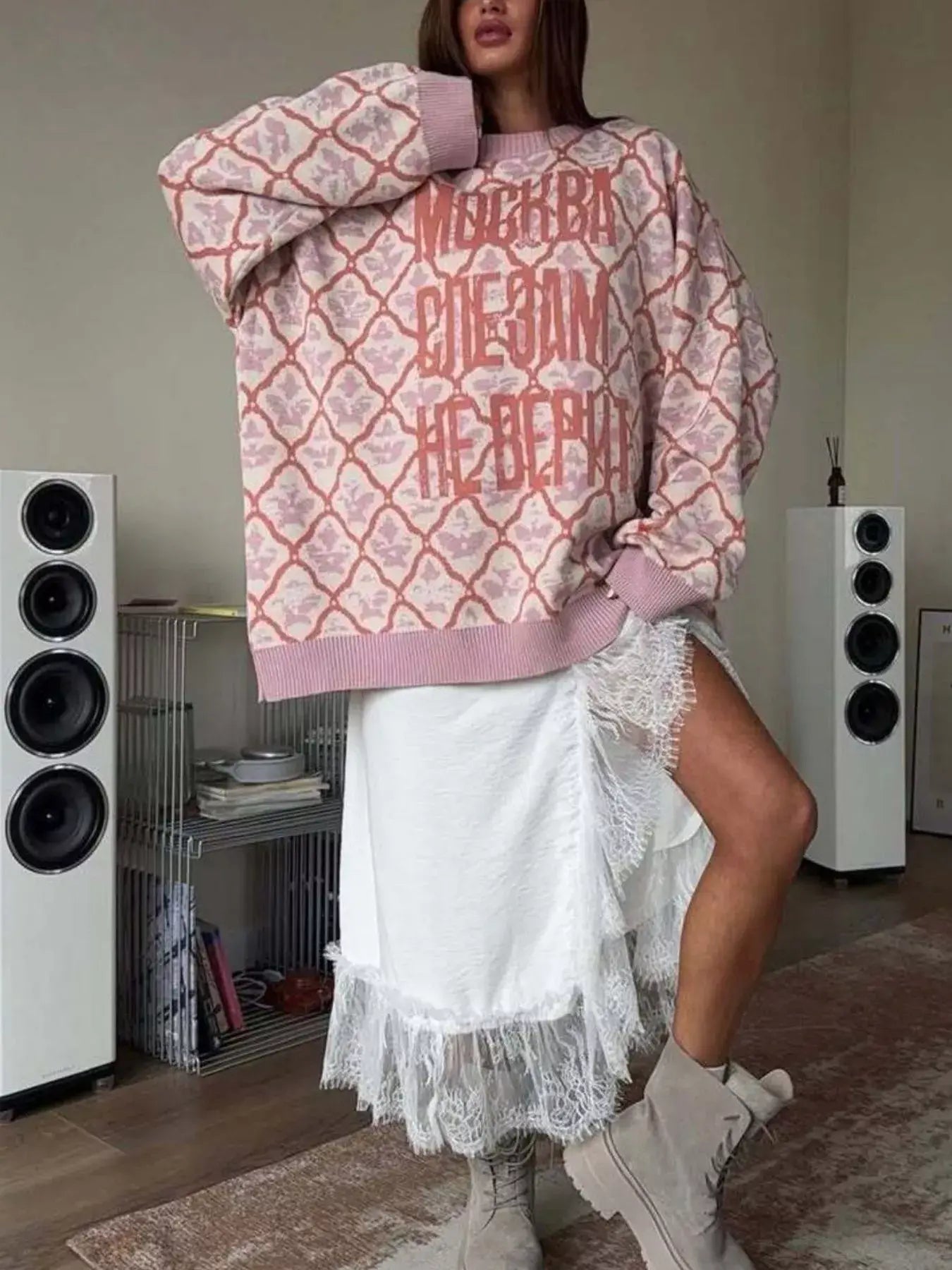 Letter Round Neck Long Sleeve Sweater - Trendsi - Flyclothing LLC