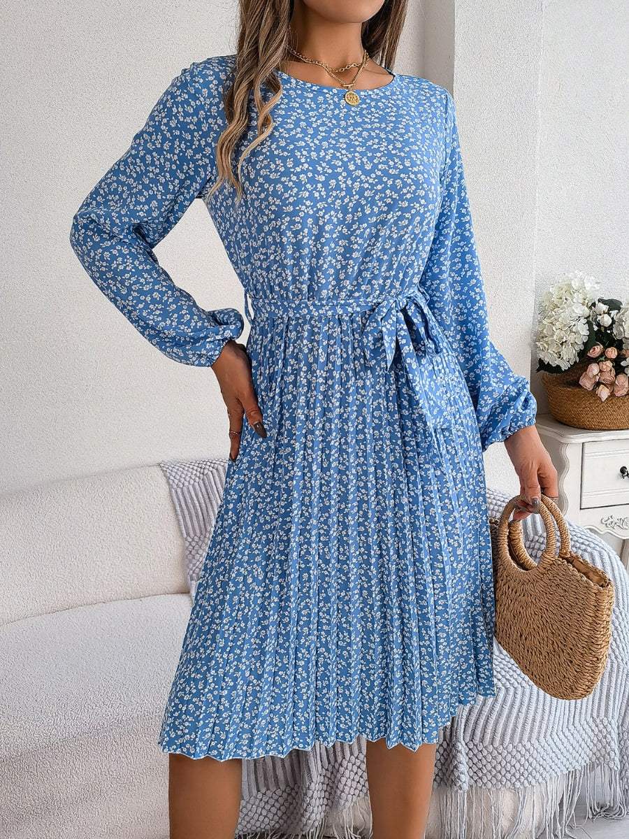 Ditsy Floral Tie Waist Pleated Dress - Trendsi - Flyclothing LLC
