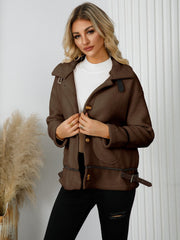 Pocketed Button Down Collared Neck Jacket - Trendsi
