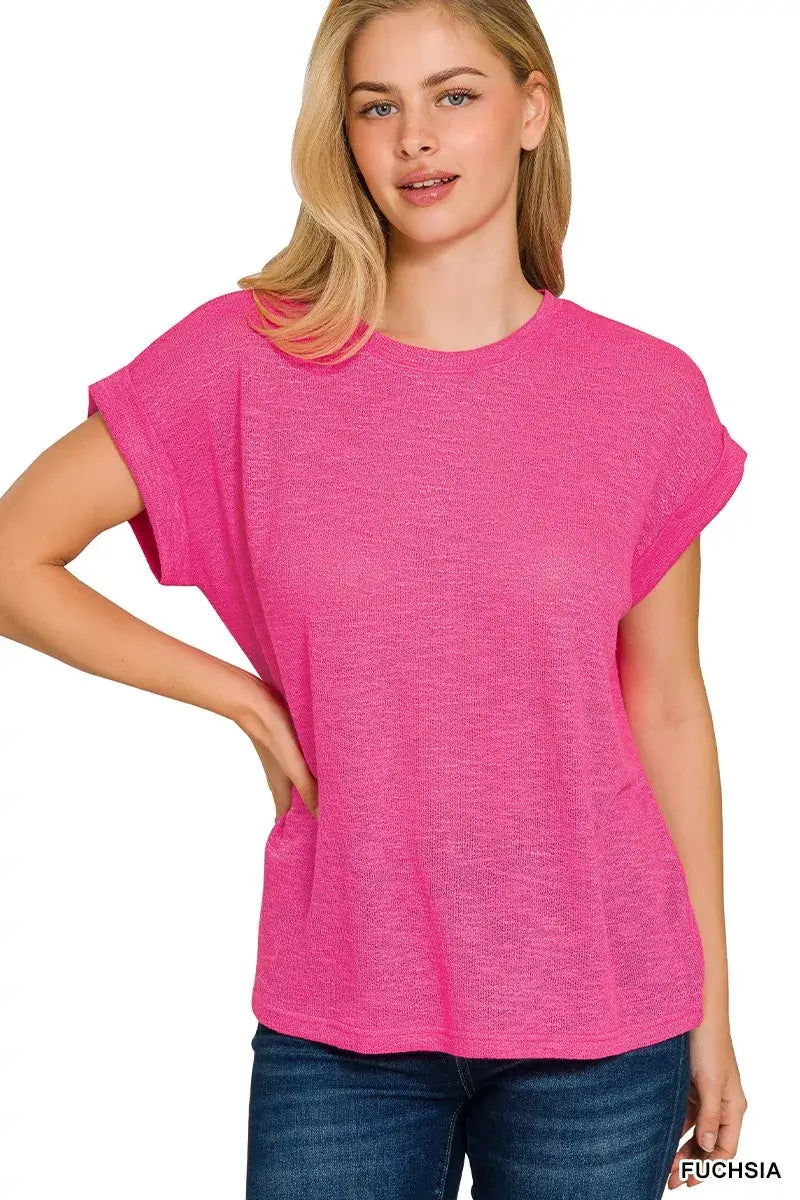 Zenana Hacci Slub Rolled Up Sleeve Tee - Trendsi - Flyclothing LLC