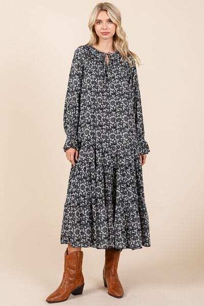 Mittoshop Printed Tie Neck Flounce Sleeve Midi Dress - Trendsi - Flyclothing LLC