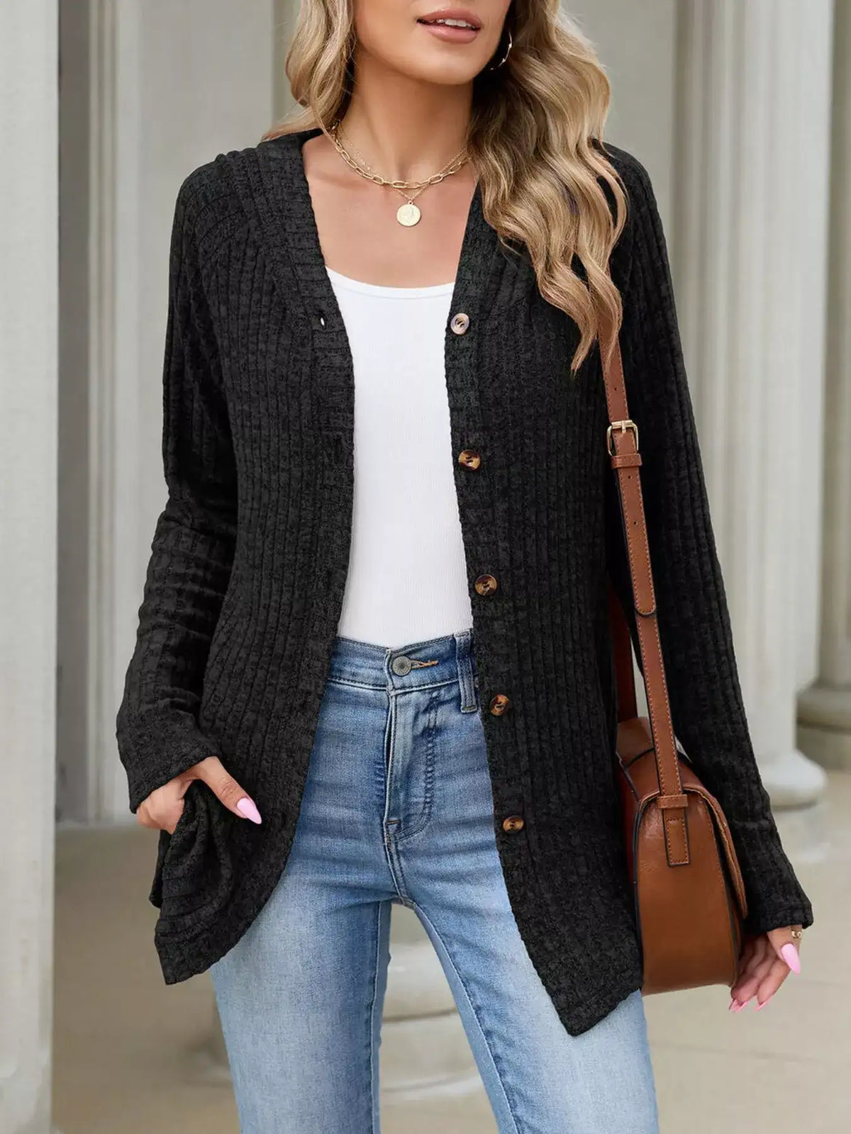 Ribbed Knit Hooded Button-Down Cardigan - Trendsi - Flyclothing LLC