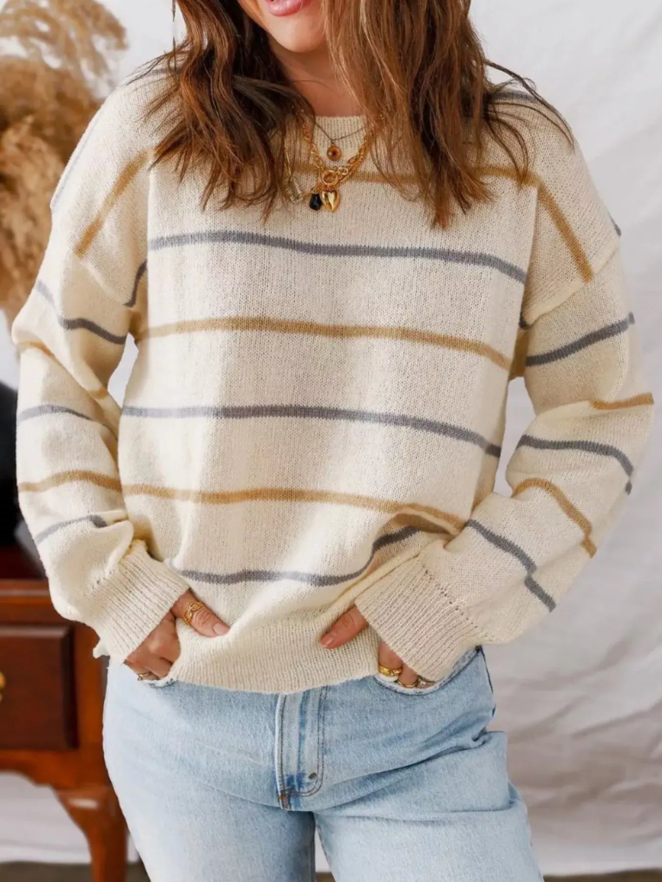 Striped Knit Round Neck Sweater - Trendsi - Flyclothing LLC