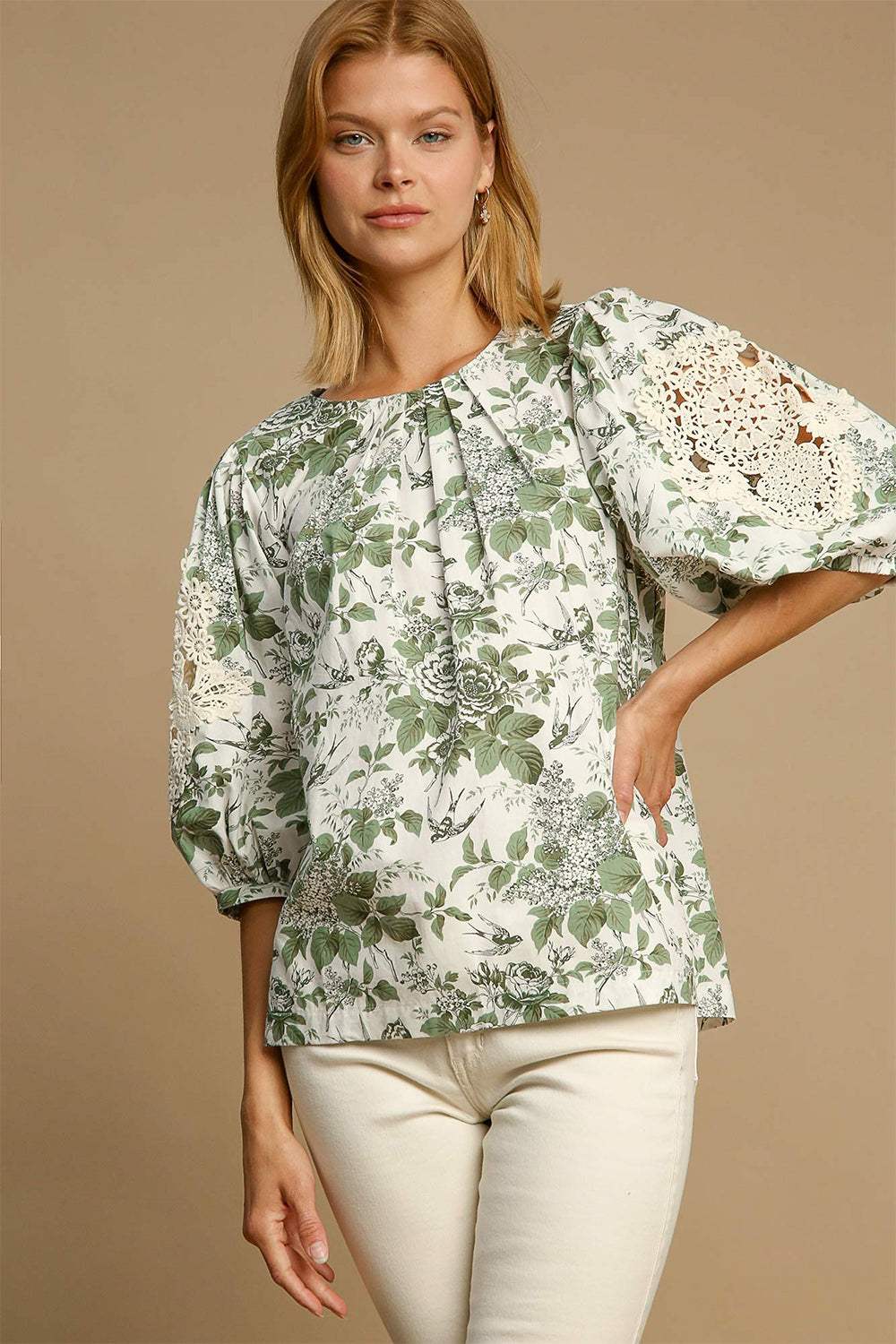 Umgee Floral Pleated Detail Lace Trim Sleeve Blouse - Trendsi - Flyclothing LLC