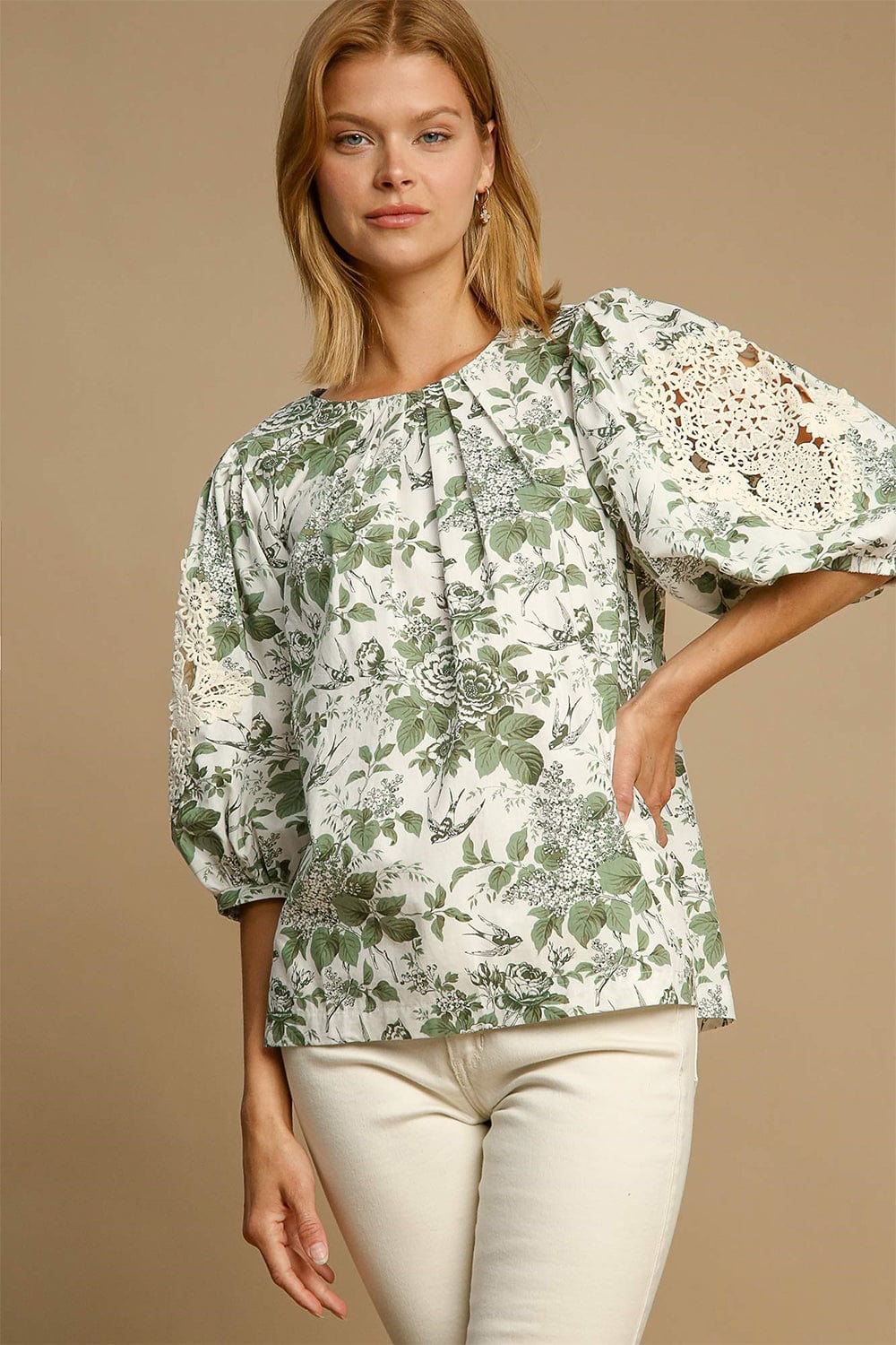 Umgee Floral Pleated Detail Lace Trim Sleeve Blouse - Trendsi