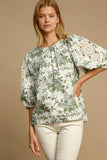 Umgee Floral Pleated Detail Lace Trim Sleeve Blouse - Trendsi